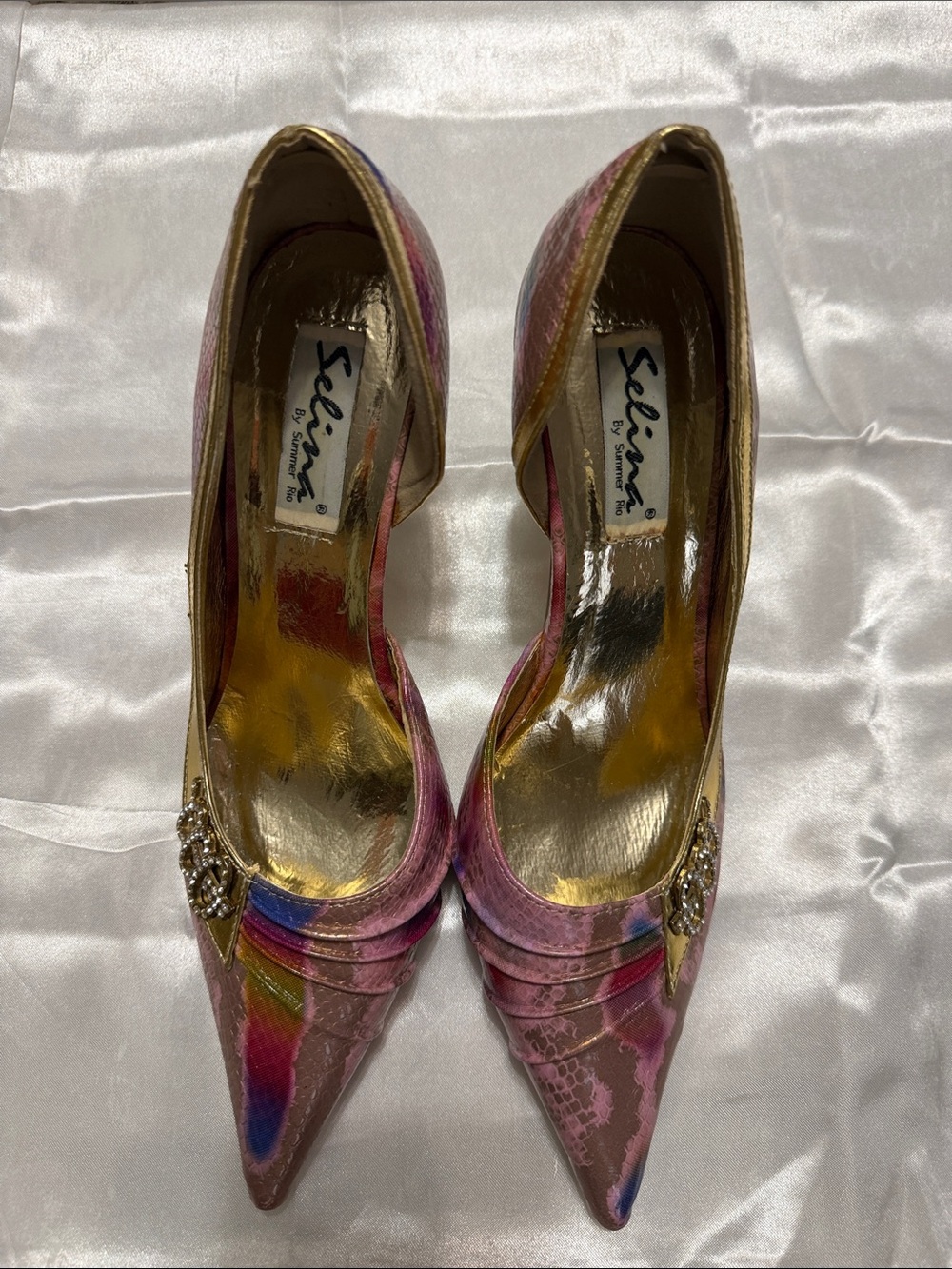 LINI Multicolor Pink Pointed Toe Heels with Crystal Accent